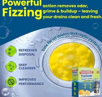 Advertisement for LemonBlast Yellow Bubble Tablets with a drain and bubbles on a blue background.