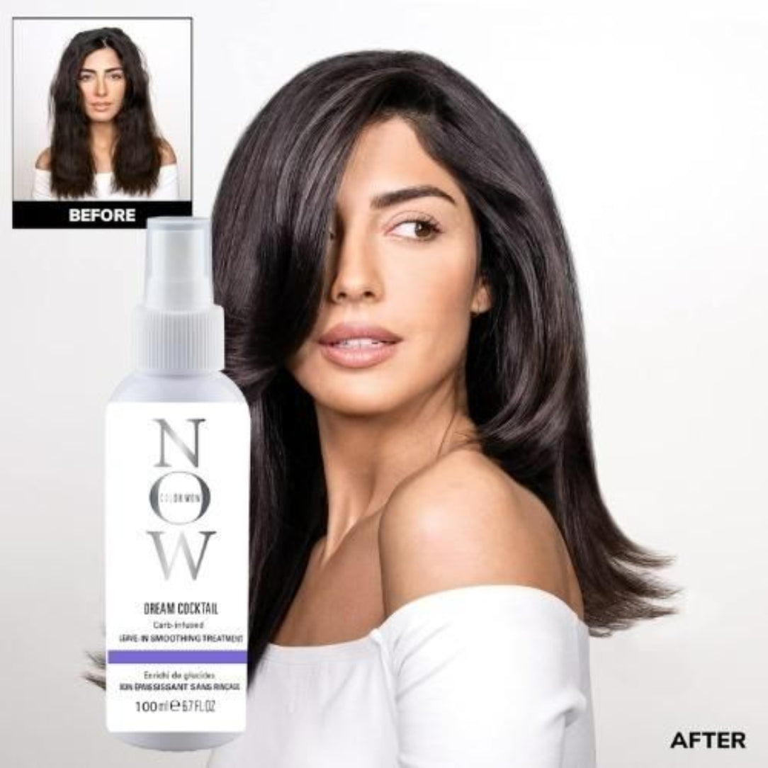 Woman with styled hair holding a hair care product bottle with before and after comparison.