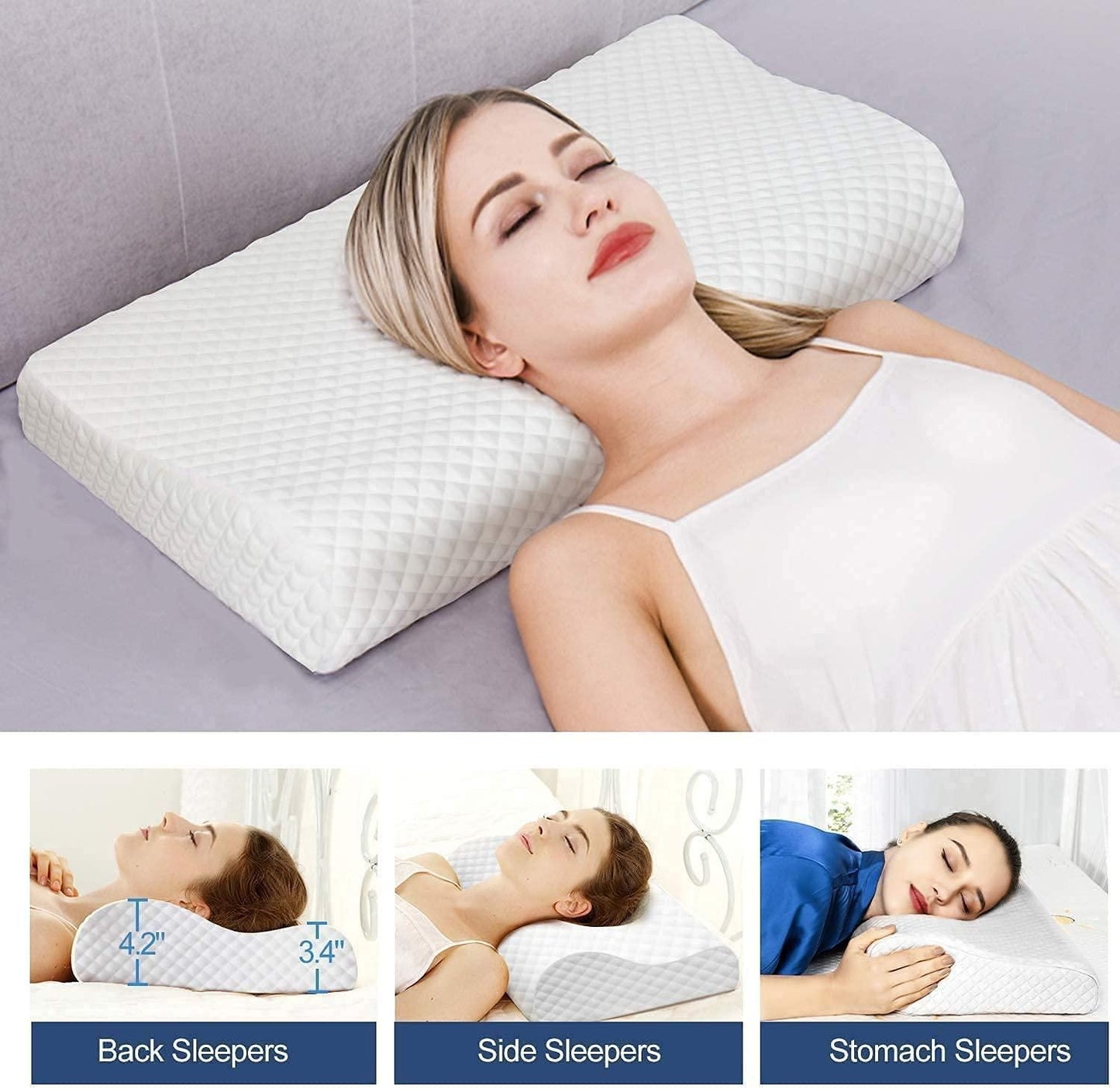 Woman lying on a white pillow with text indicating use for back, side, and stomach sleepers.