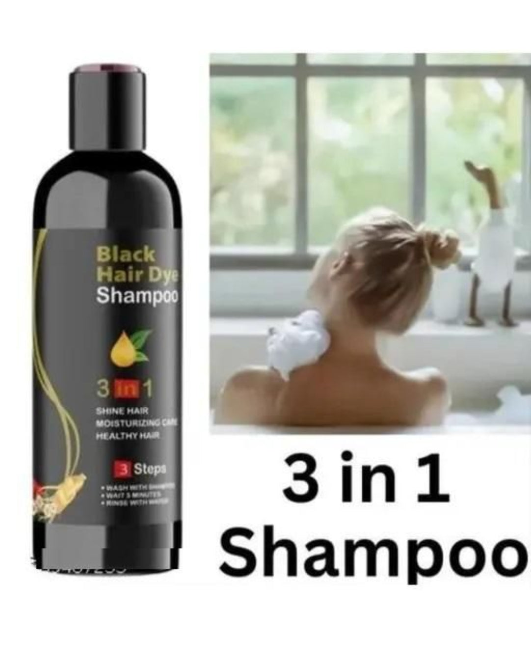 Black hair dye shampoo bottle with a woman in a bath tub in the background