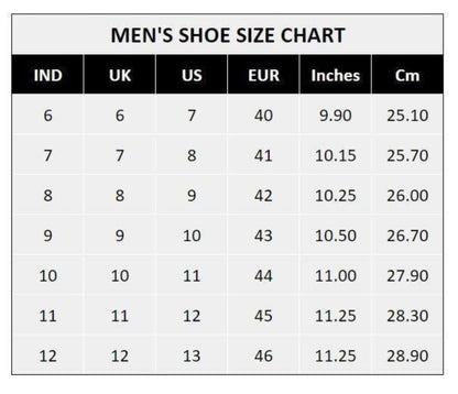 Men's shoe size chart with measurements in inches and centimeters