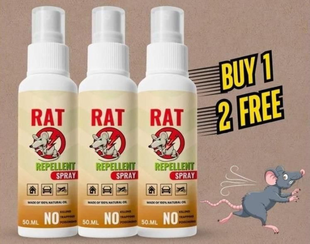 Three bottles of Rat Repellent Spray with the text 'BUY 1 GET 2 FREE' and a graphic of a rat being repelled.