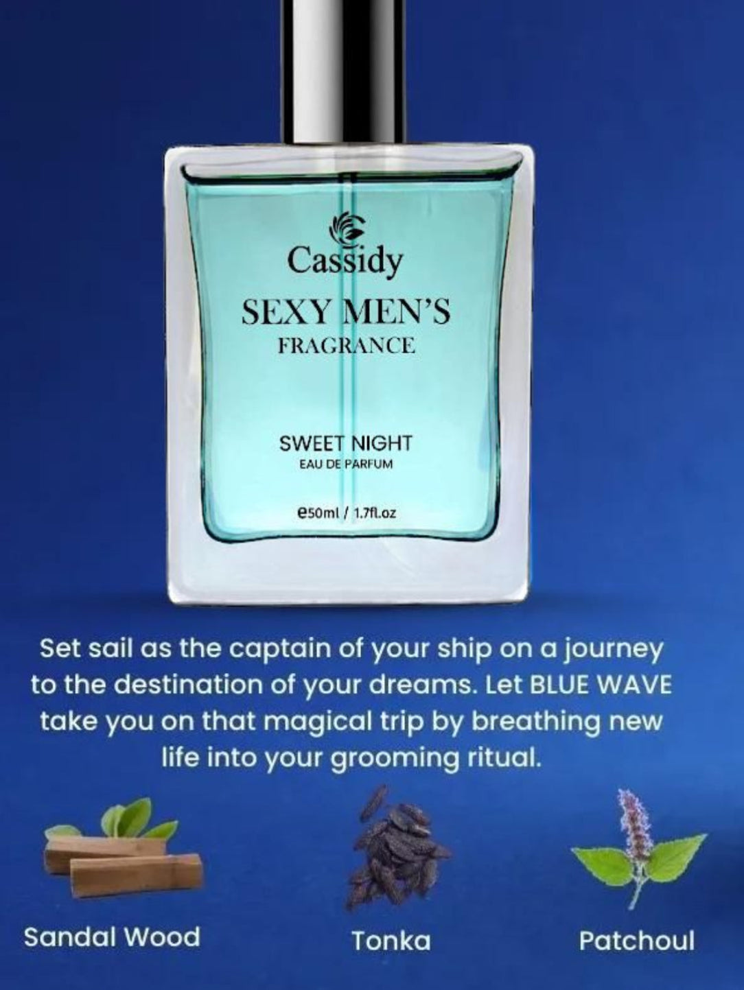 Perfume bottle labeled 'Cassidy Sexy Men's Fragrance Sweet Night' on a blue background with product details.