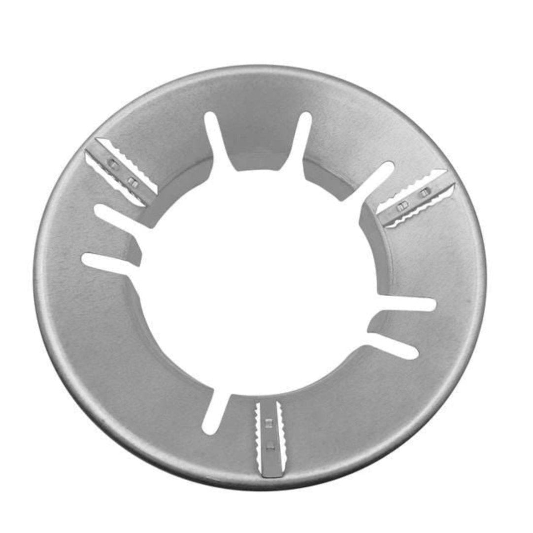 Metallic circular object with star-like cutouts on a white background