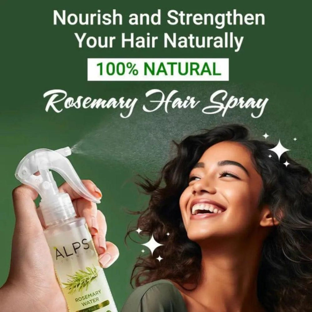 Person holding a bottle of ALPS Rosemary Hair Spray with text promoting natural hair care on a green background