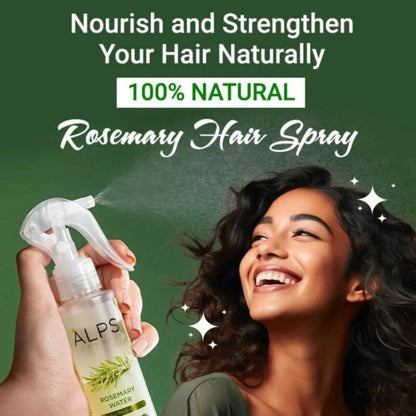 Person holding a bottle of ALPS Rosemary Hair Spray with text promoting natural hair care on a green background
