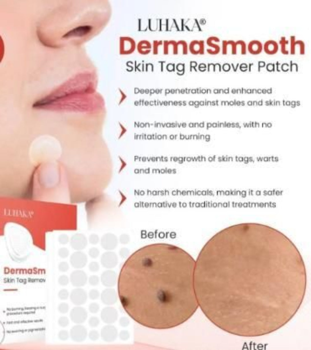 Advertisement for Luhaka DermaSmooth Skin Tag Remover Patch with product packaging and before/after effects on skin.