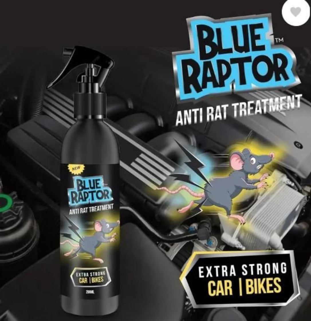 Blue Raptor anti rat treatment spray bottle with graphics on a dark background
