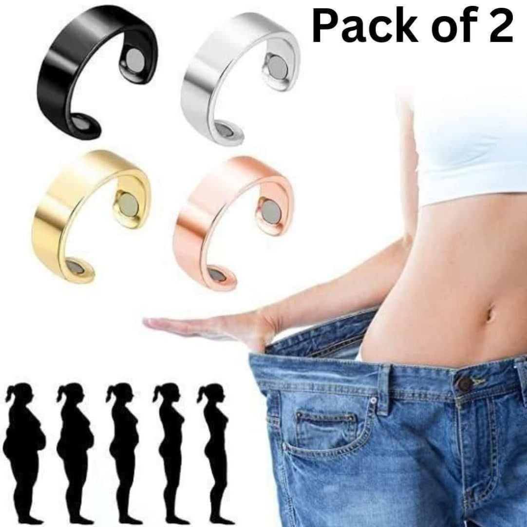 Pack of 2 magnetic waist trimmers with a person wearing them and weight loss silhouette graphics.