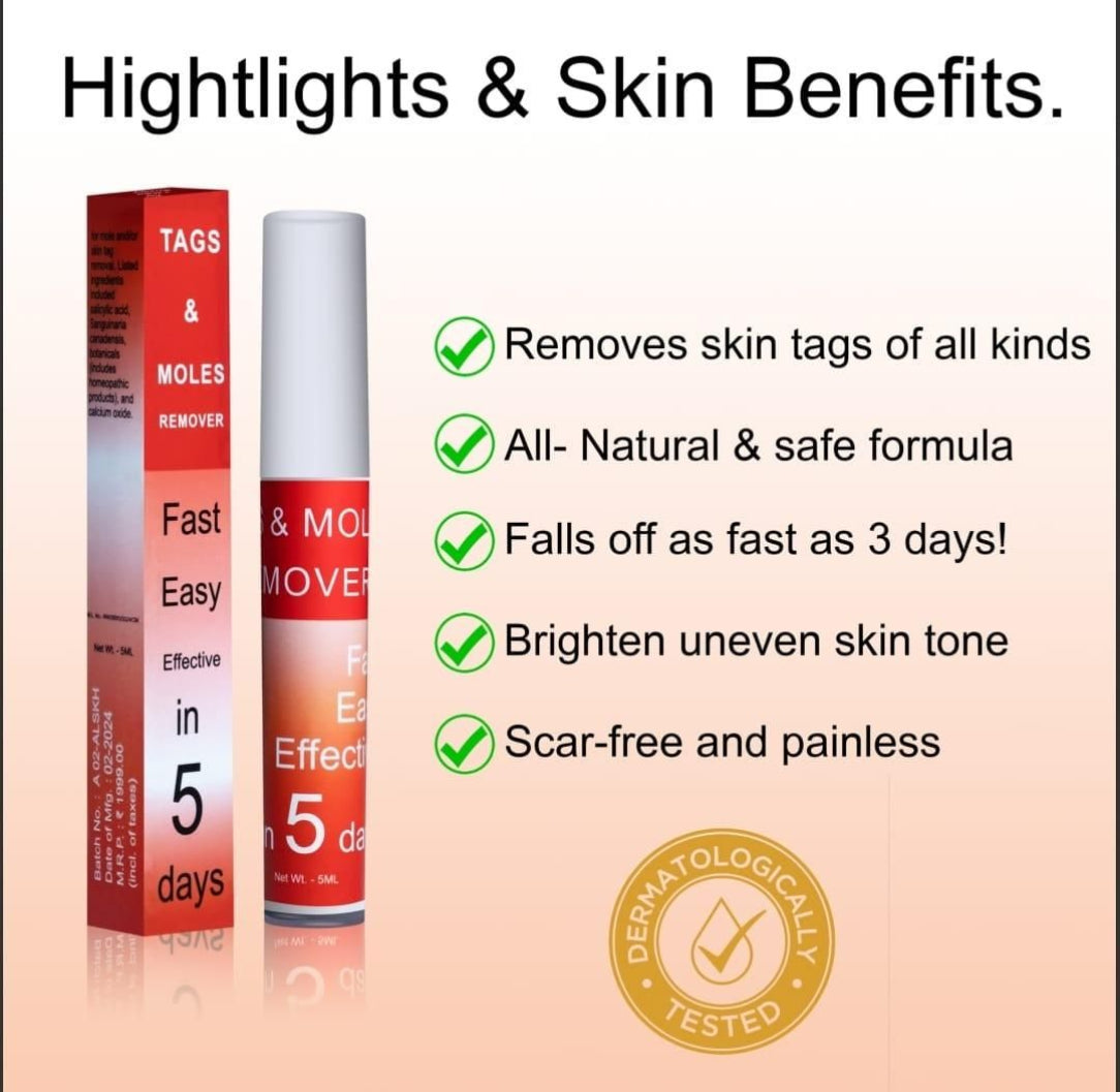 Skin tag remover product with benefits listed on a peach background