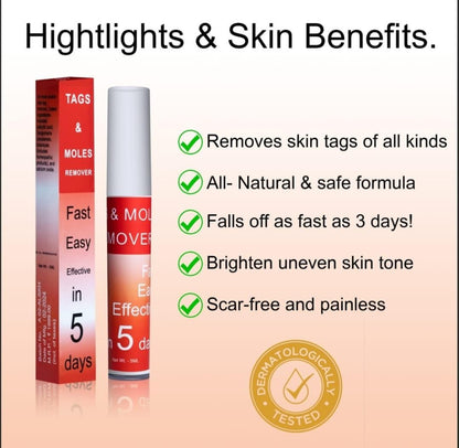Skin tag remover product with benefits listed on a peach background