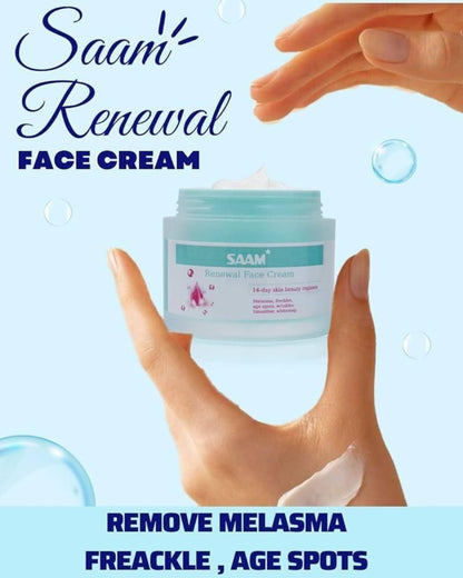 A jar of Saam Renewal Face Cream being held in a person's hand, with promotional text highlighting the benefits such as removing melasma, freckles, and age spots.
