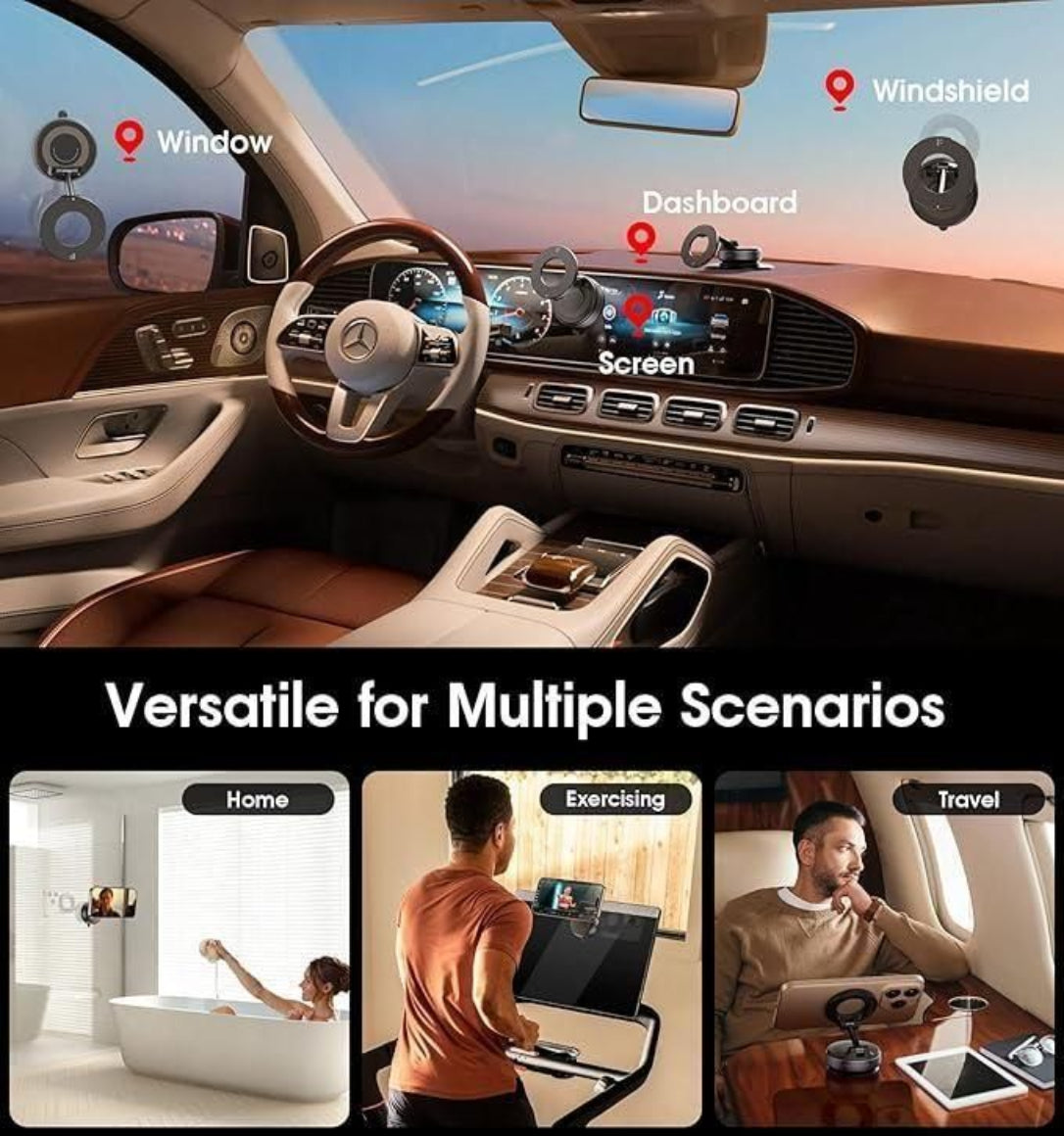 Car interior with a screen displaying different scenarios like home, exercising, and travel.