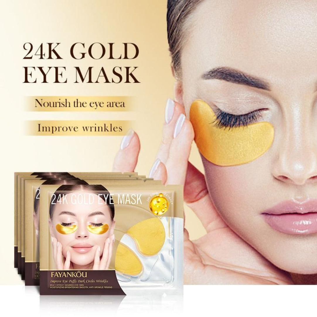 24K Gold Eye Mask packaging with a woman wearing the mask, highlighting benefits like nourishing eye area and improving wrinkles.