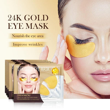 24K Gold Eye Mask packaging with a woman wearing the mask, highlighting benefits like nourishing eye area and improving wrinkles.