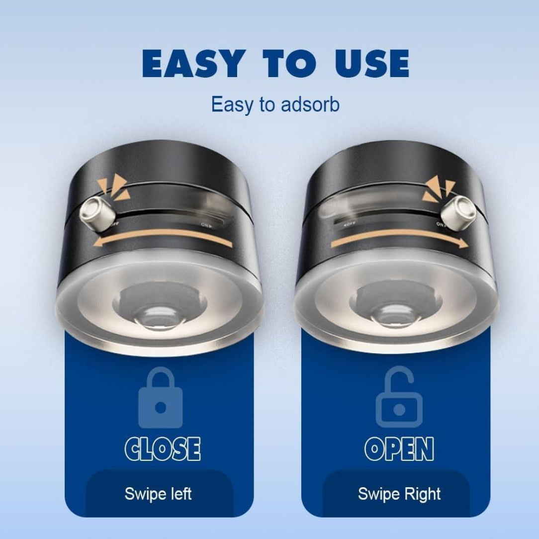Two cylindrical devices with 'Close' and 'Open' labels on a blue background