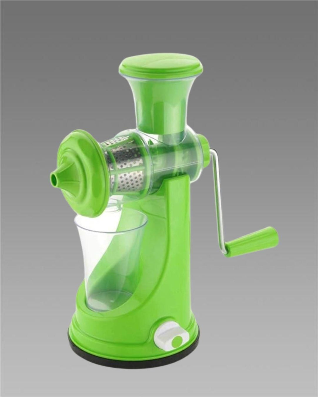 A green manual hand juicer with a steel handle, designed for extracting juice from fruits, placed against a neutral background.