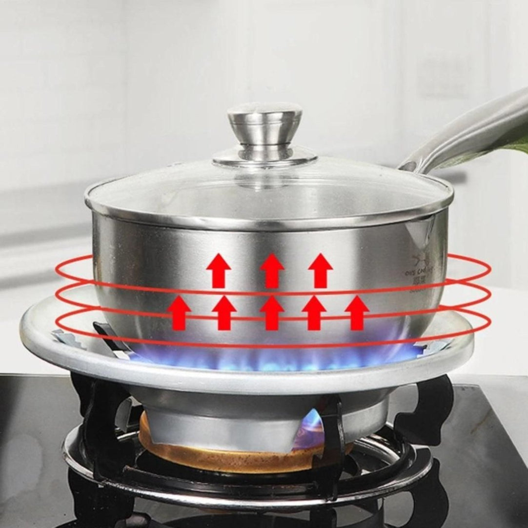 Stainless steel pot with glass lid on a gas stove with red arrows indicating heat transfer.