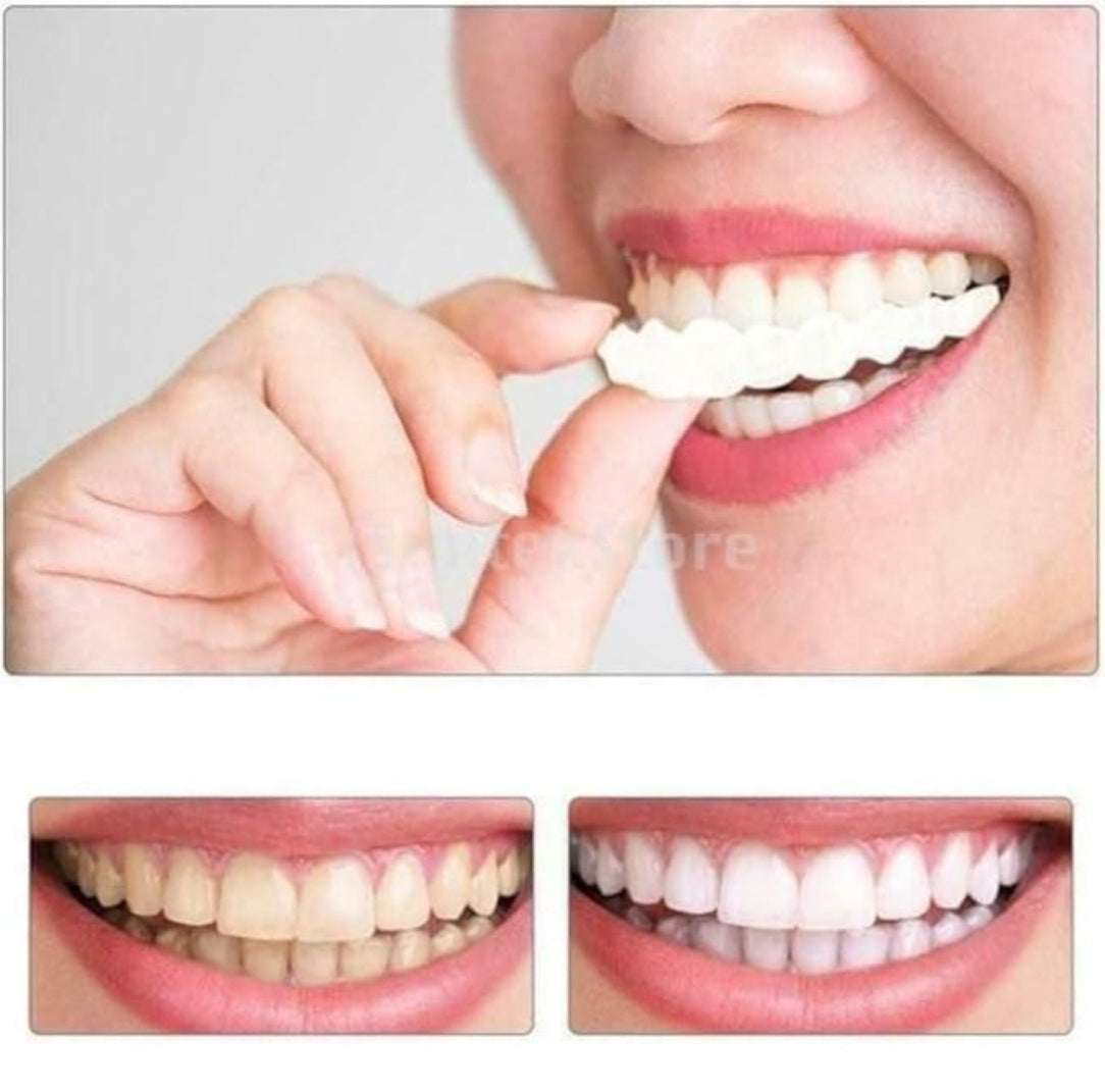 Person holding a teeth whitening product with before and after images of teeth.