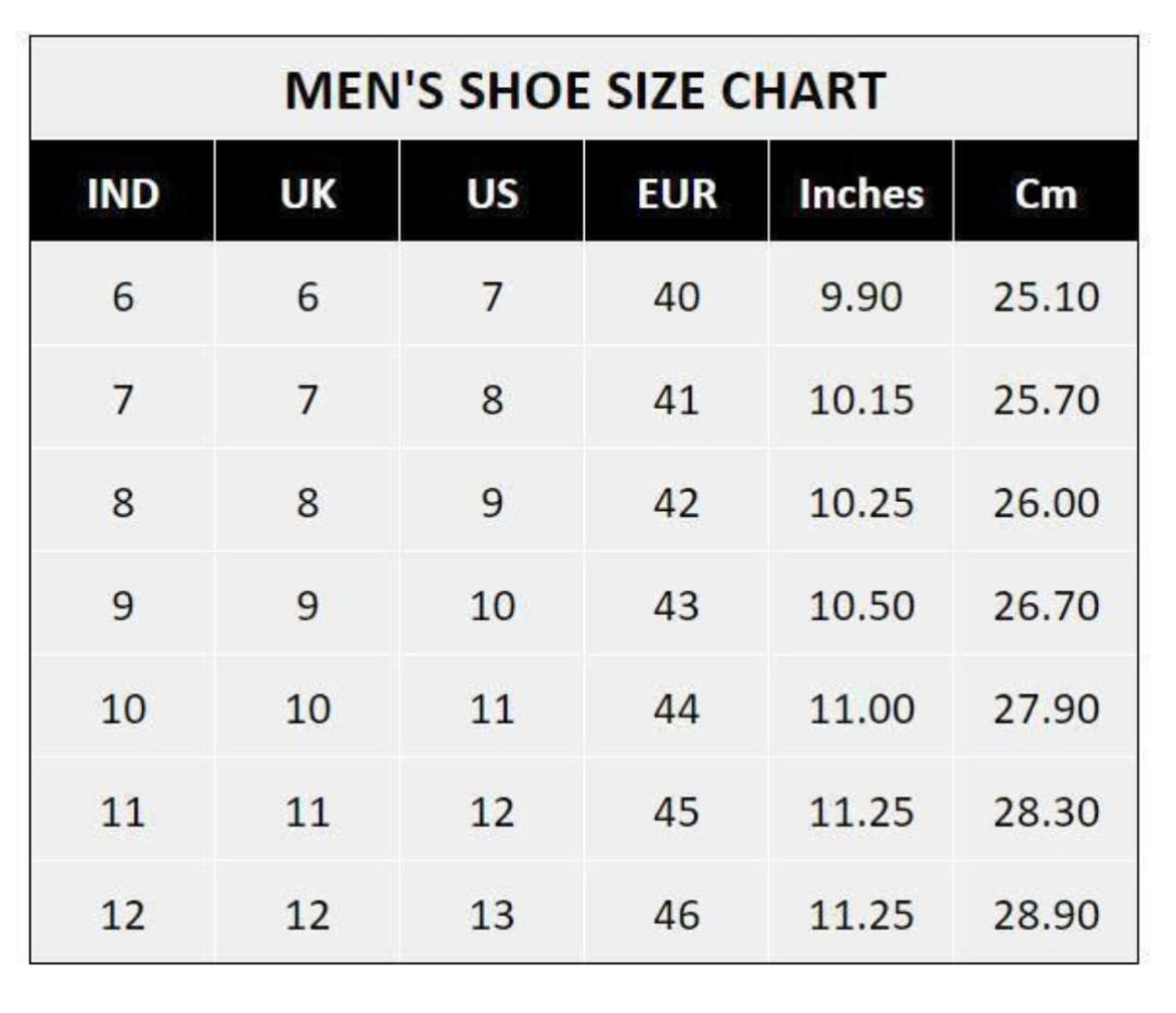 Men's shoe size chart showing conversions between Indian, UK, US, EU, inches, and centimeters.