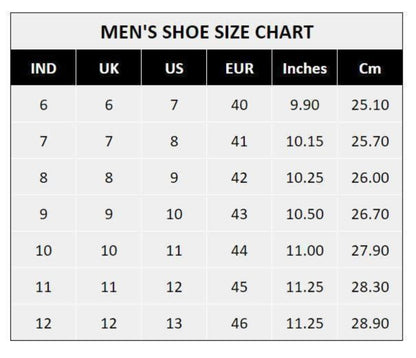 Men's shoe size chart showing conversions between Indian, UK, US, EU, inches, and centimeters.
