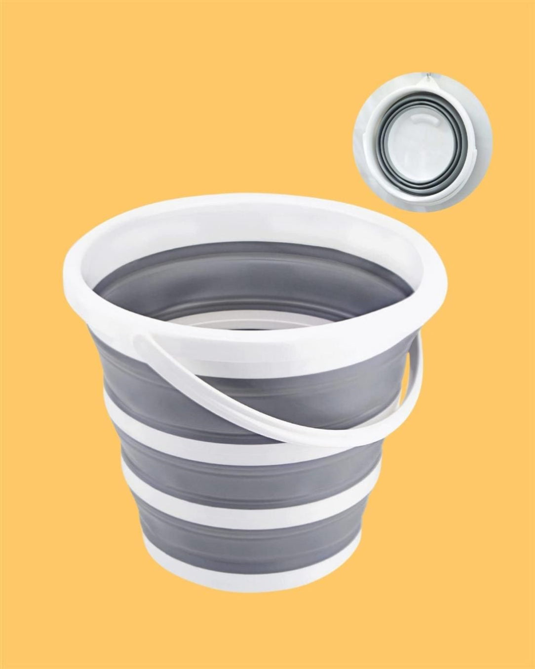 A collapsible foldaway bucket with a white and gray color scheme, displayed against an orange background. The bucket appears to be made of silicone with a solid pattern.