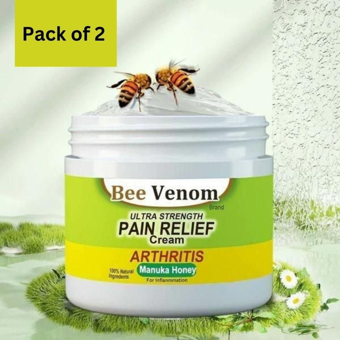 Bee Venom Pain Relief Cream jar with bees on top, set against a natural background.