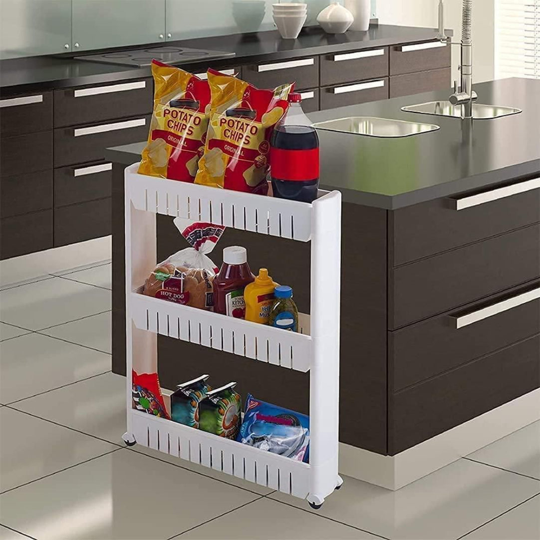 Plastic Multipurpose 3 Layer Slim Side Space Saving Storage Organizer Rack Shelves with Wheels