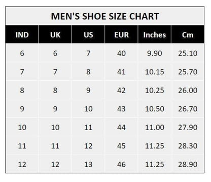 Men's shoe size chart converting between Indian, UK, US, EU, inches, and centimeters.