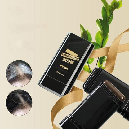 Black hair care product with packaging and a hair strand on a beige background