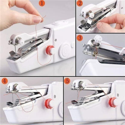 Step-by-step guide on how to thread a small white sewing machine.