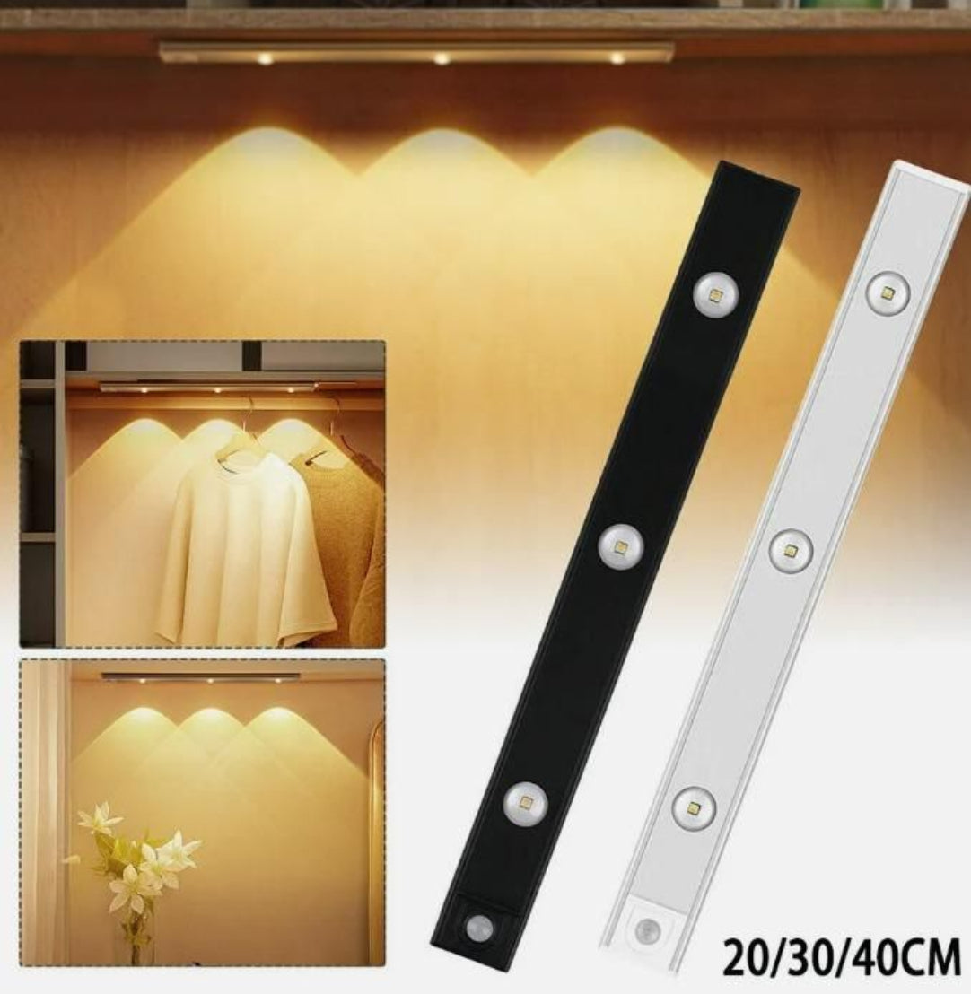 Closet lights with black and silver strips and a small inset showing illuminated closet.