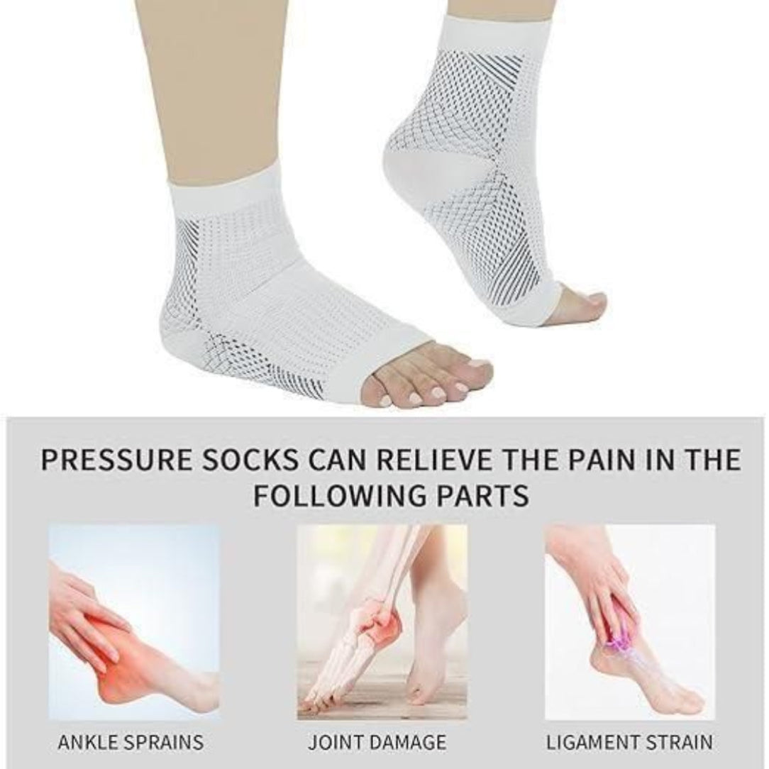 White pressure socks with text indicating their benefits for ankle sprains, joint damage, and ligament strain.