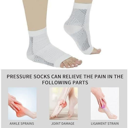 White pressure socks with text indicating their benefits for ankle sprains, joint damage, and ligament strain.