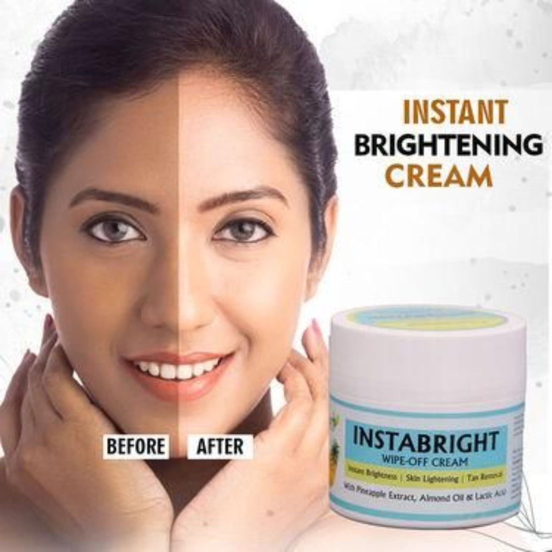 An advertisement image showing a woman holding a jar of Herbal Natural Instant Brightening Cream, with a before and after visual effect on her skin tone.