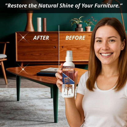 Woman holding a furniture polish bottle with 'After' and 'Before' comparison of a wooden cabinet.