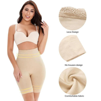 Woman wearing a beige shapewear set with close-up details on fabric texture and design.