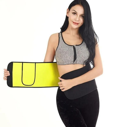 Woman holding a black and yellow waist trainer against a white background