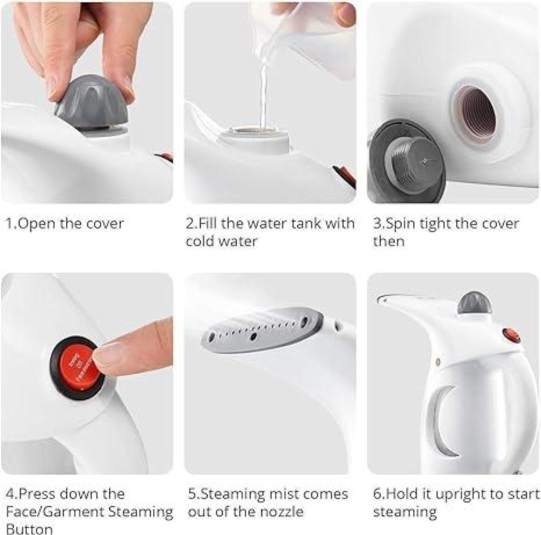 Step-by-step guide on how to use a handheld steamer with text labels.