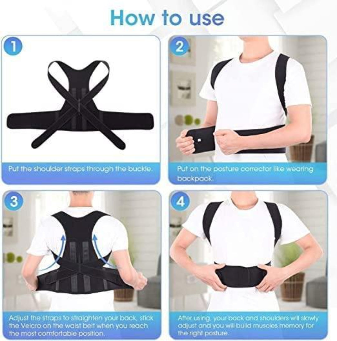 Instructions on how to use a posture corrector with step-by-step illustrations.