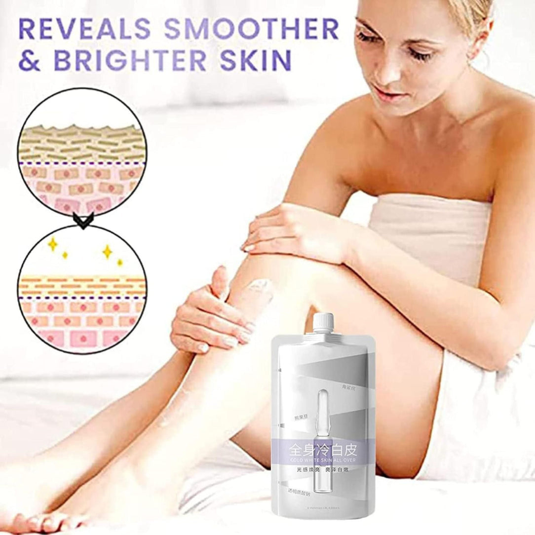 Woman applying a skincare product with text 'Reveals Smoother & Brighter Skin' and skin layer comparison graphics.
