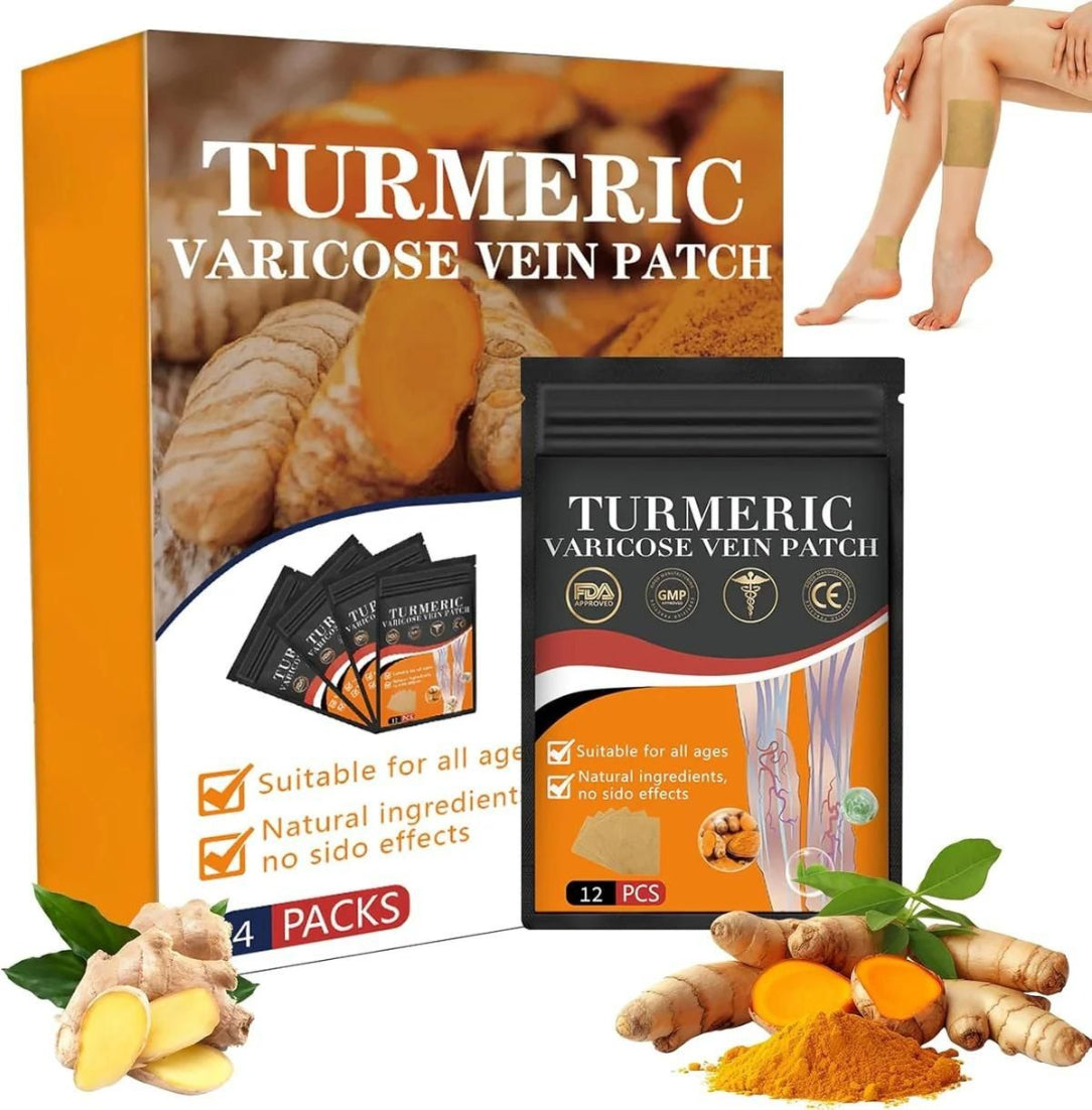 Turmeric varicose vein patches packaging with turmeric roots and powder.