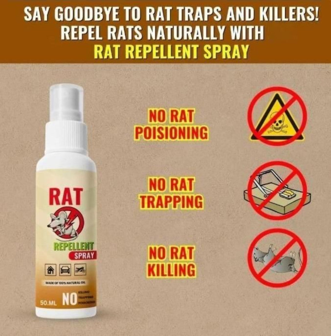 Rat repellent spray bottle with text highlighting natural rat control methods on a brown background