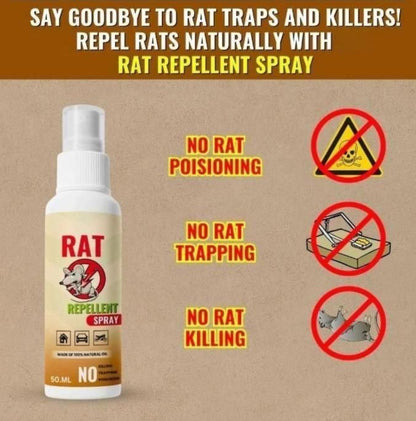 Rat repellent spray bottle with text highlighting natural rat control methods on a brown background