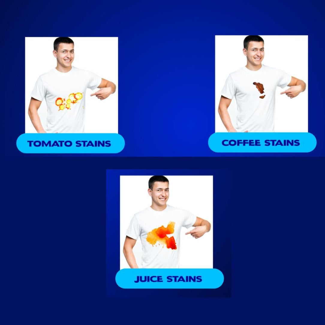 Three scenarios showing a person with different types of stains on a white shirt against a blue background.
