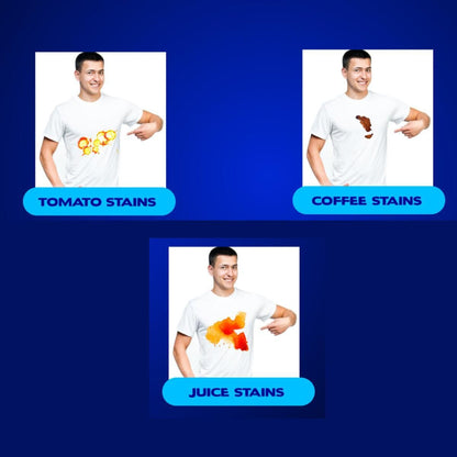 Three scenarios showing a person with different types of stains on a white shirt against a blue background.