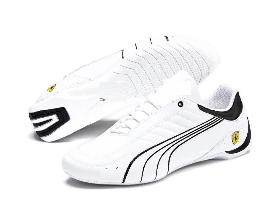 White sneakers with black accents and a logo on a white background