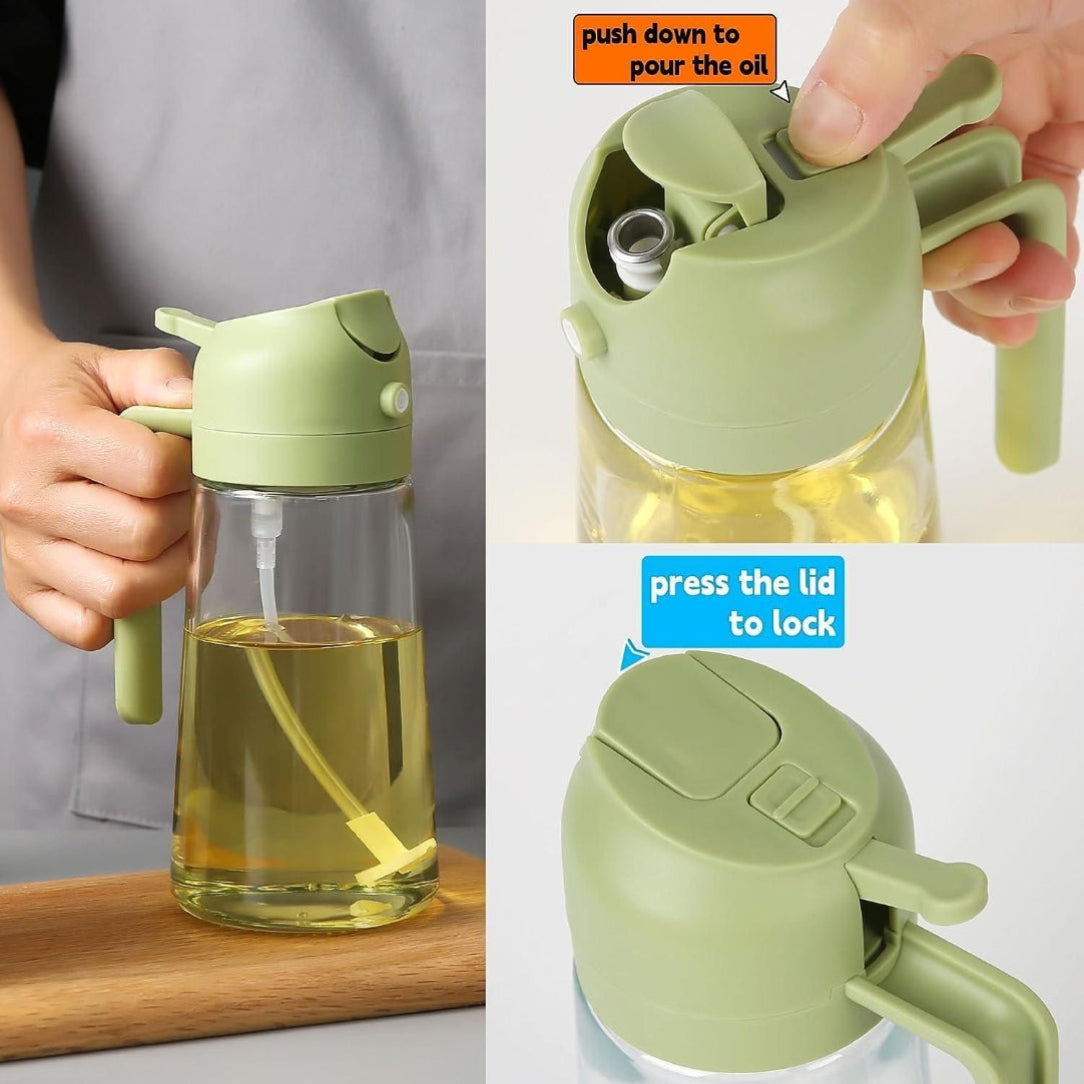 Green oil dispenser with instructions on how to use it