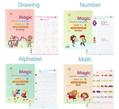 Set of educational practice copybooks for drawing, number, alphabet, and math with colorful covers and pages.