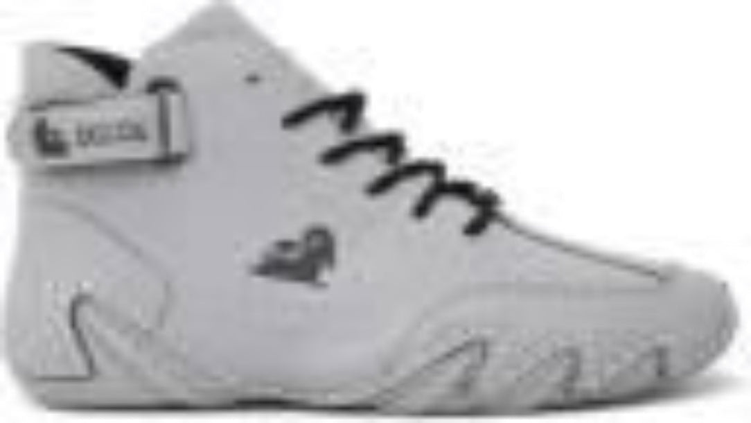Gray high-top sneaker with black laces on a white background